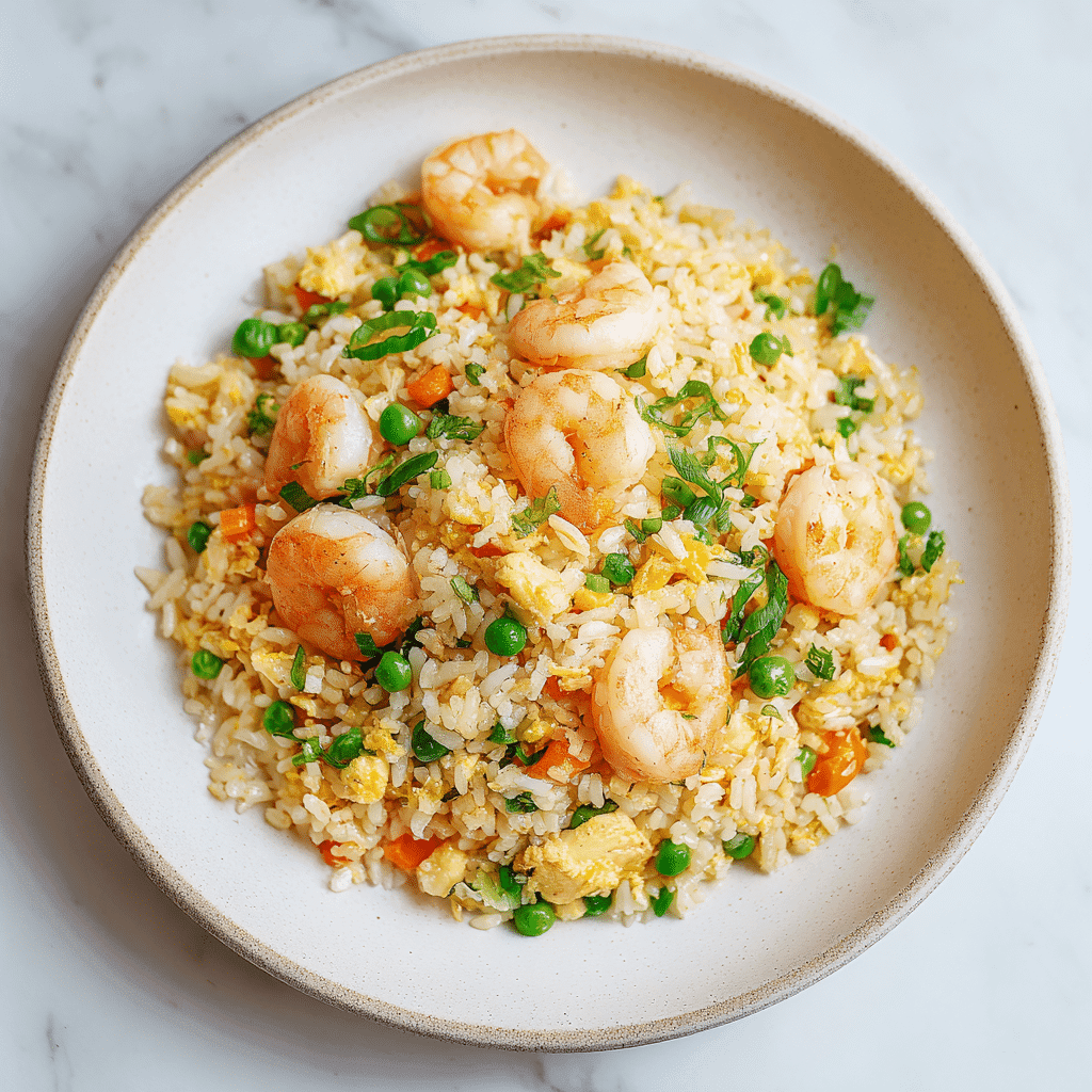 Final dish of shrimp fried rice on a white plate
