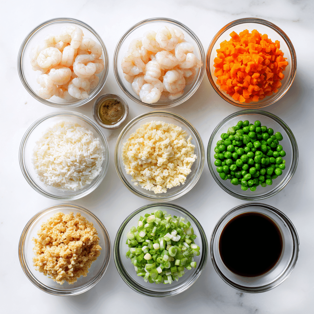 Shrimp fried rice ingredients arranged in clear glass bowls