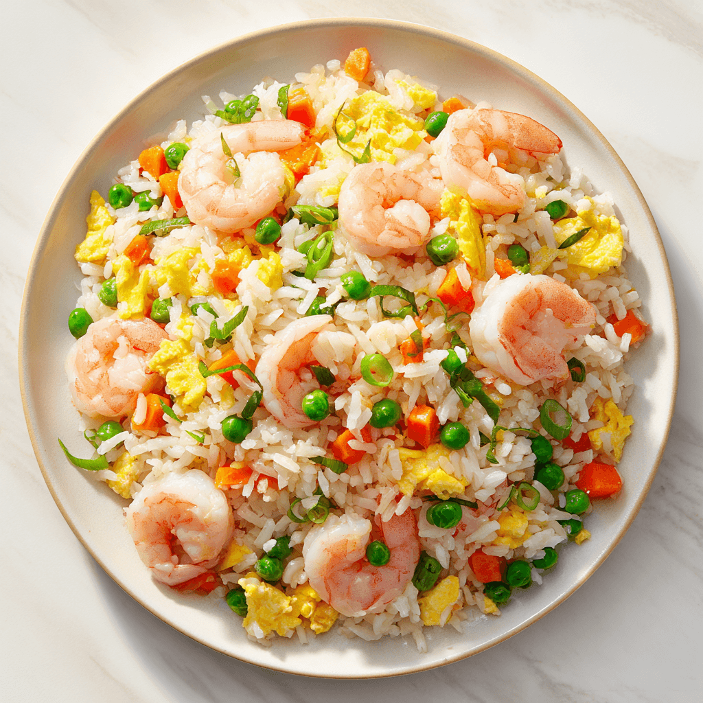 Close-up of shrimp fried rice with vegetables and scallions on a white plate