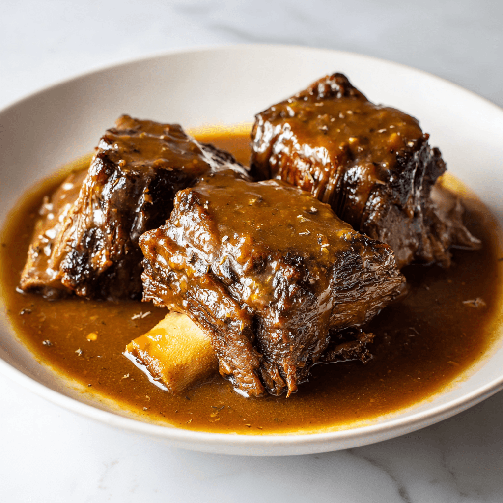Slow cooker beef short ribs with rich brown gravy on white plate