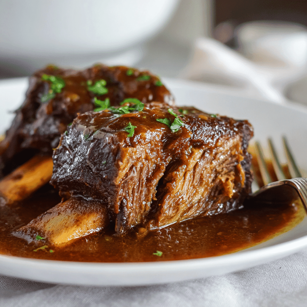 Juicy slow cooker beef short ribs sliced with gravy