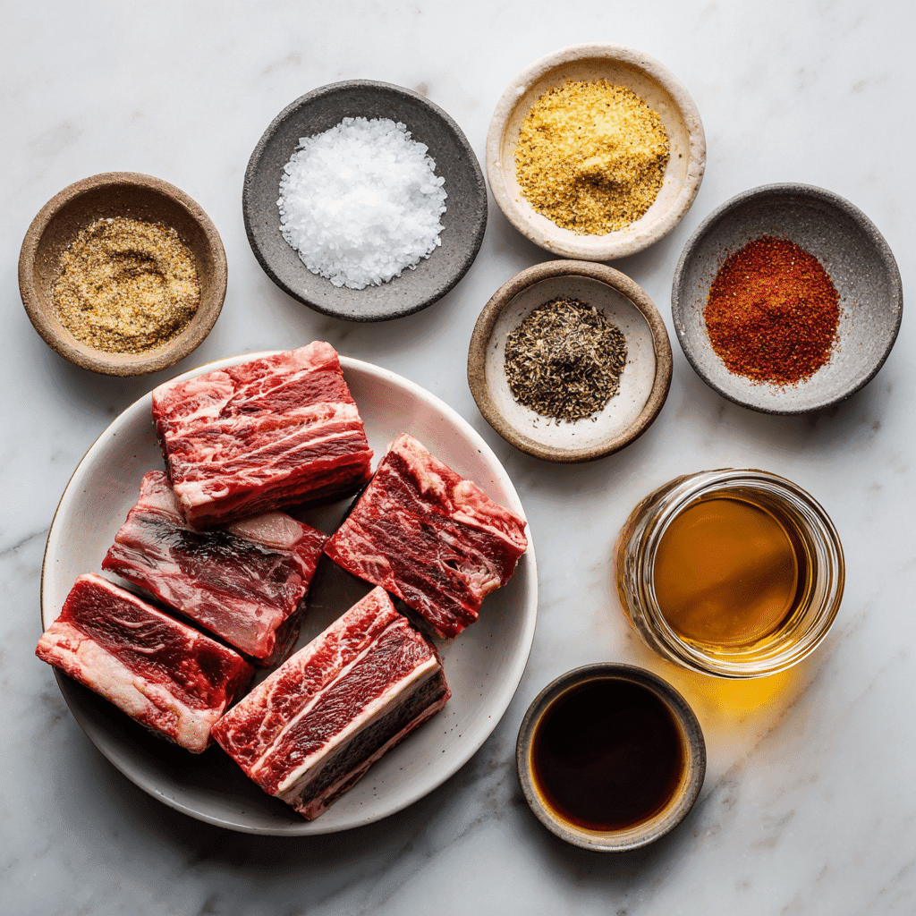 Smoked Short Ribs: Tender, Juicy, and Packed with Texas BBQ Flavor 2 Ingredients for smoked short ribs arranged on a white background