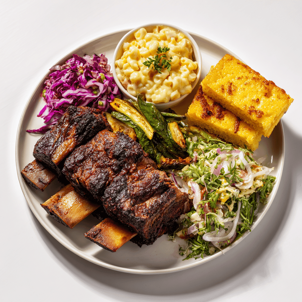 Smoked Short Ribs: Tender, Juicy, and Packed with Texas BBQ Flavor 3 BBQ dinner plate with smoked short ribs and classic side dishes