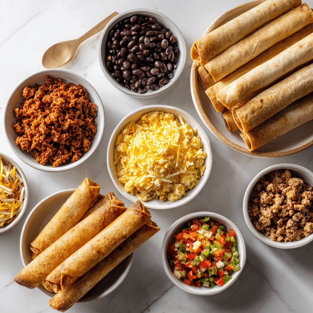 Assorted taquito fillings in white bowls including meat, beans, and cheese