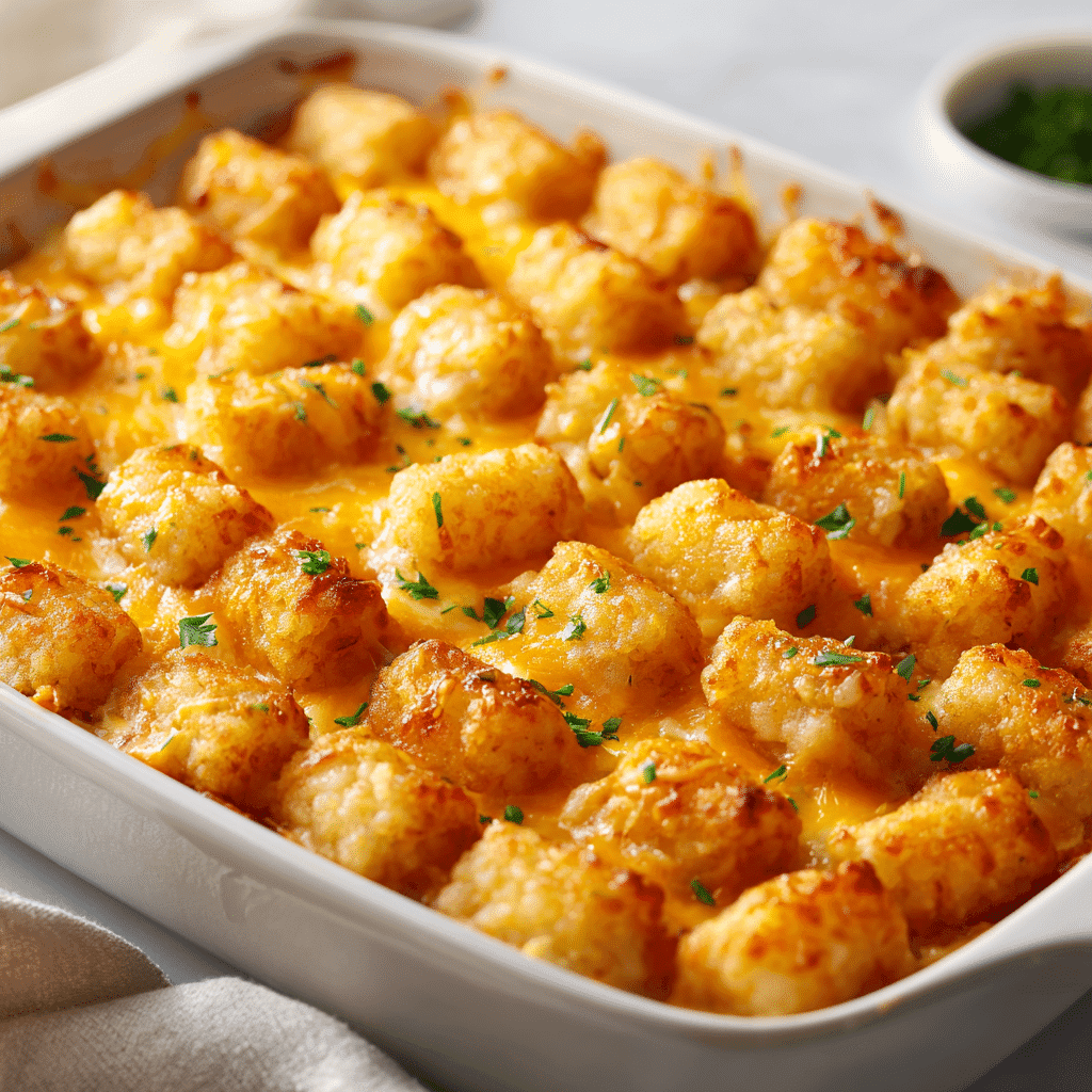 Close-up of golden tater tot casserole with melted cheese in a white baking dish