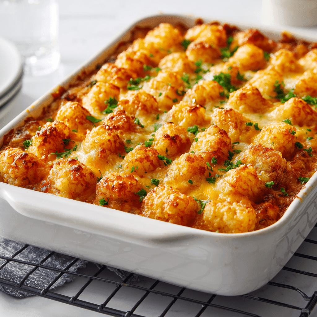 The Ultimate Tater Tot Casserole Recipe (Classic, Cheesy & Easy!) 4 Perfectly baked tater tot casserole cooling on a wire rack in a white kitchen