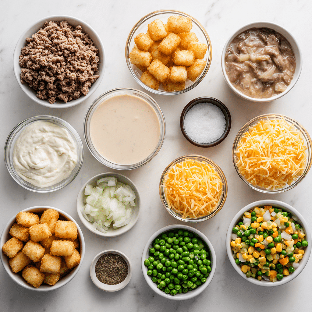 The Ultimate Tater Tot Casserole Recipe (Classic, Cheesy & Easy!) 2 Flat lay of tater tot casserole ingredients including beef, cheese, soups, and tater tots