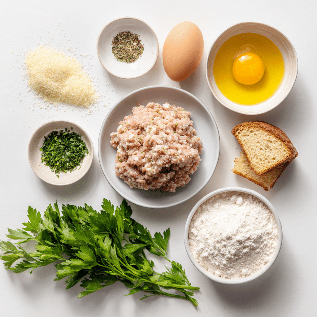 Ingredients for air fryer turkey meatballs arranged on a white surface