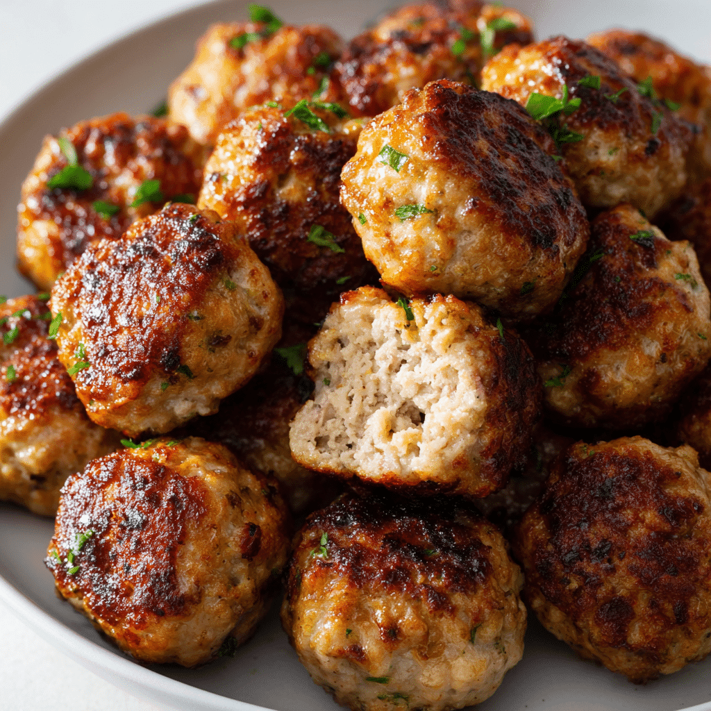 Perfectly cooked air fryer turkey meatballs showing crisp texture and juicy center
