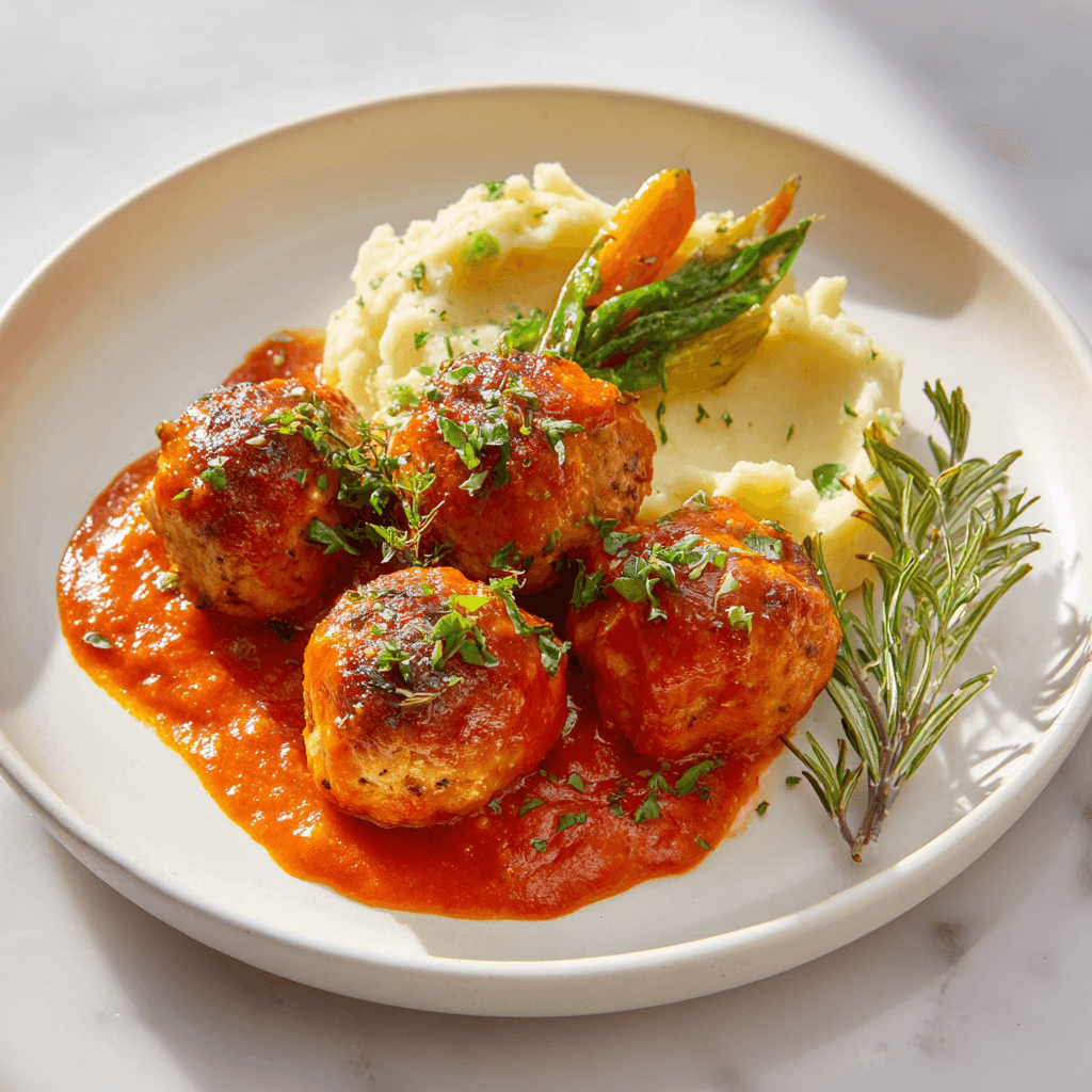 Served air fryer turkey meatballs with marinara, veggies, and mashed potatoes
