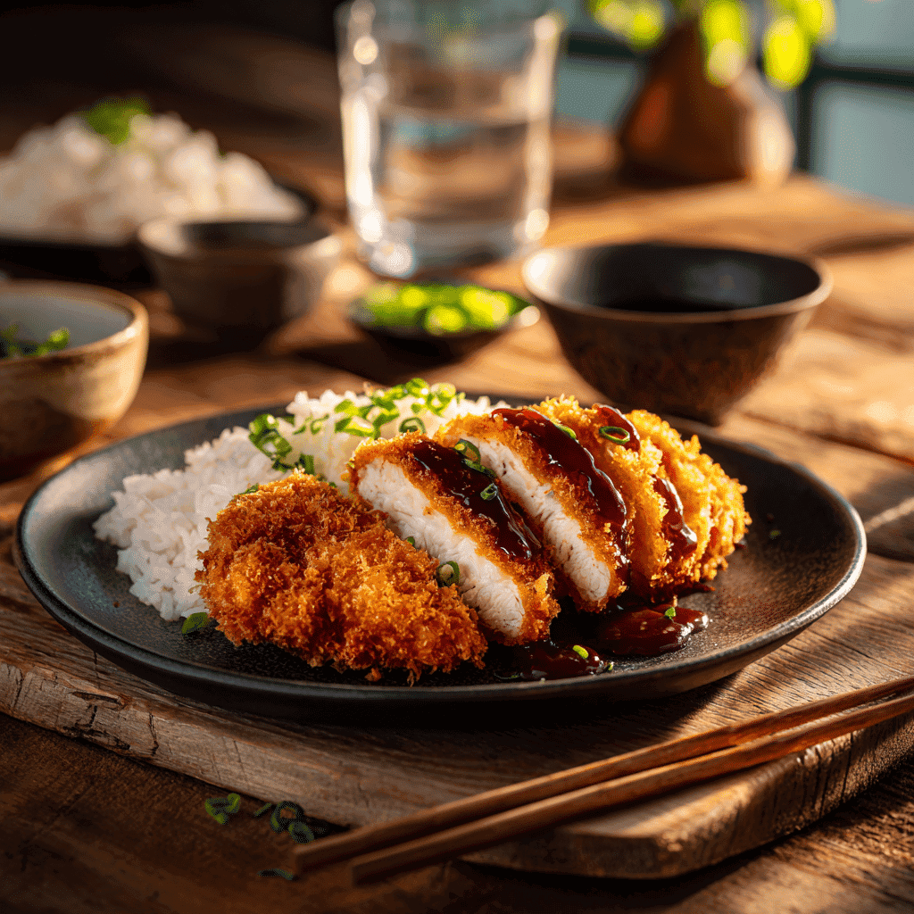 Air fryer chicken katsu plated with rice and katsu sauce on a rustic wooden table, chopsticks resting beside the plate, a small bowl of green onions and glass of water nearby.