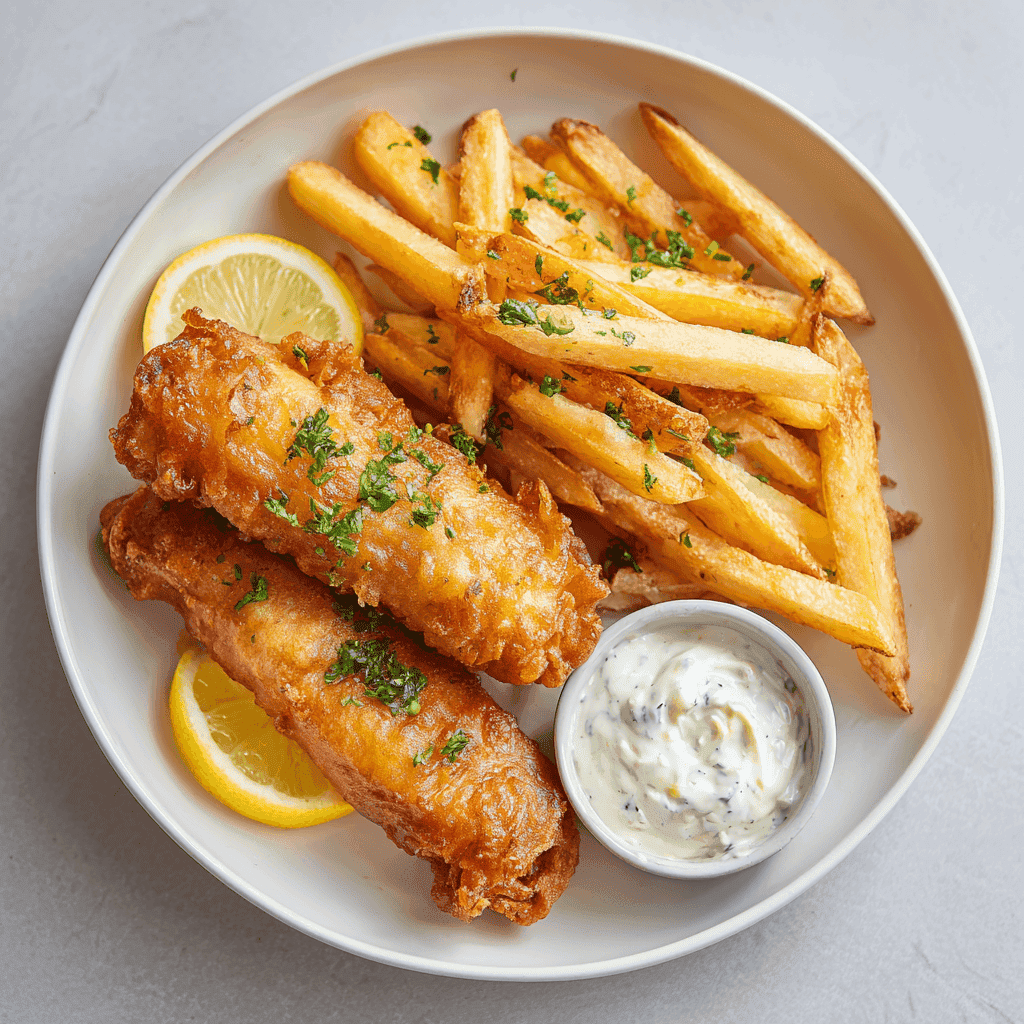 Air fryer fish and chips elegantly arranged on a white ceramic plate with golden fries, lemon wedge, and a small ramekin of tartar sauce.