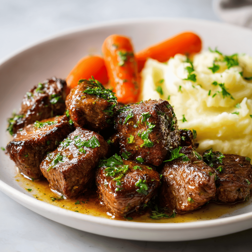 Air Fry Garlic Butter Steak Bites: Your New Favorite Weeknight Meal 1 Air fryer garlic butter steak bites elegantly plated on a clean white porcelain dish