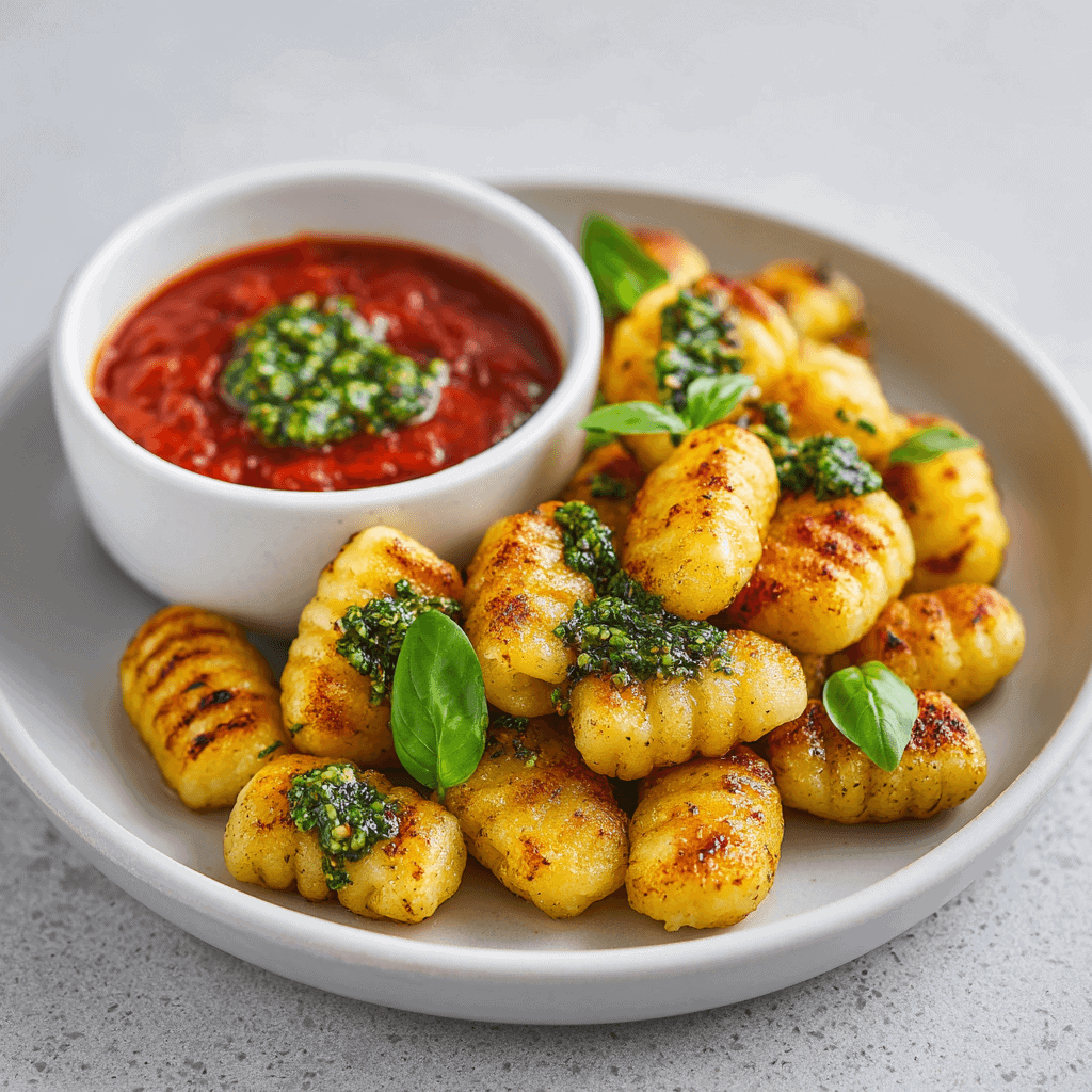 Air fryer gnocchi neatly plated on a pure white ceramic plate, served with a small bowl of vibrant red marinara sauce and a drizzle of basil pesto