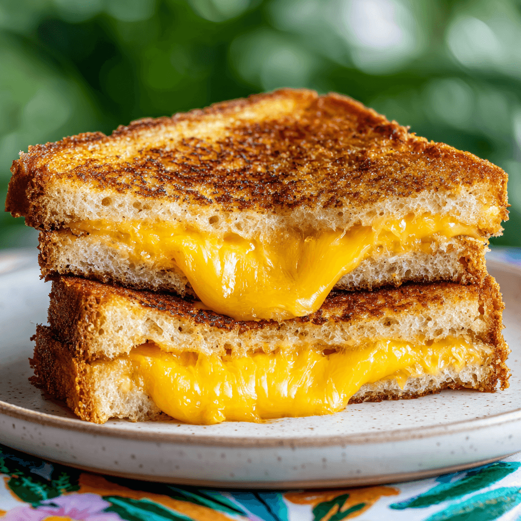 Air fryer grilled cheese sandwich cut diagonally and stacked on a white ceramic plate