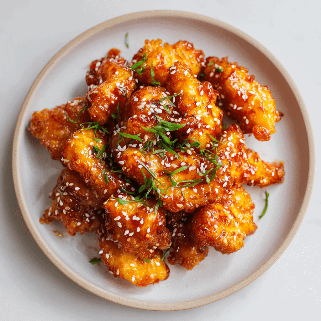 Air fryer orange chicken beautifully arranged on a minimalist white ceramic plate, drizzled with tangy orange glaze, garnished with sesame seeds and finely chopped scallions