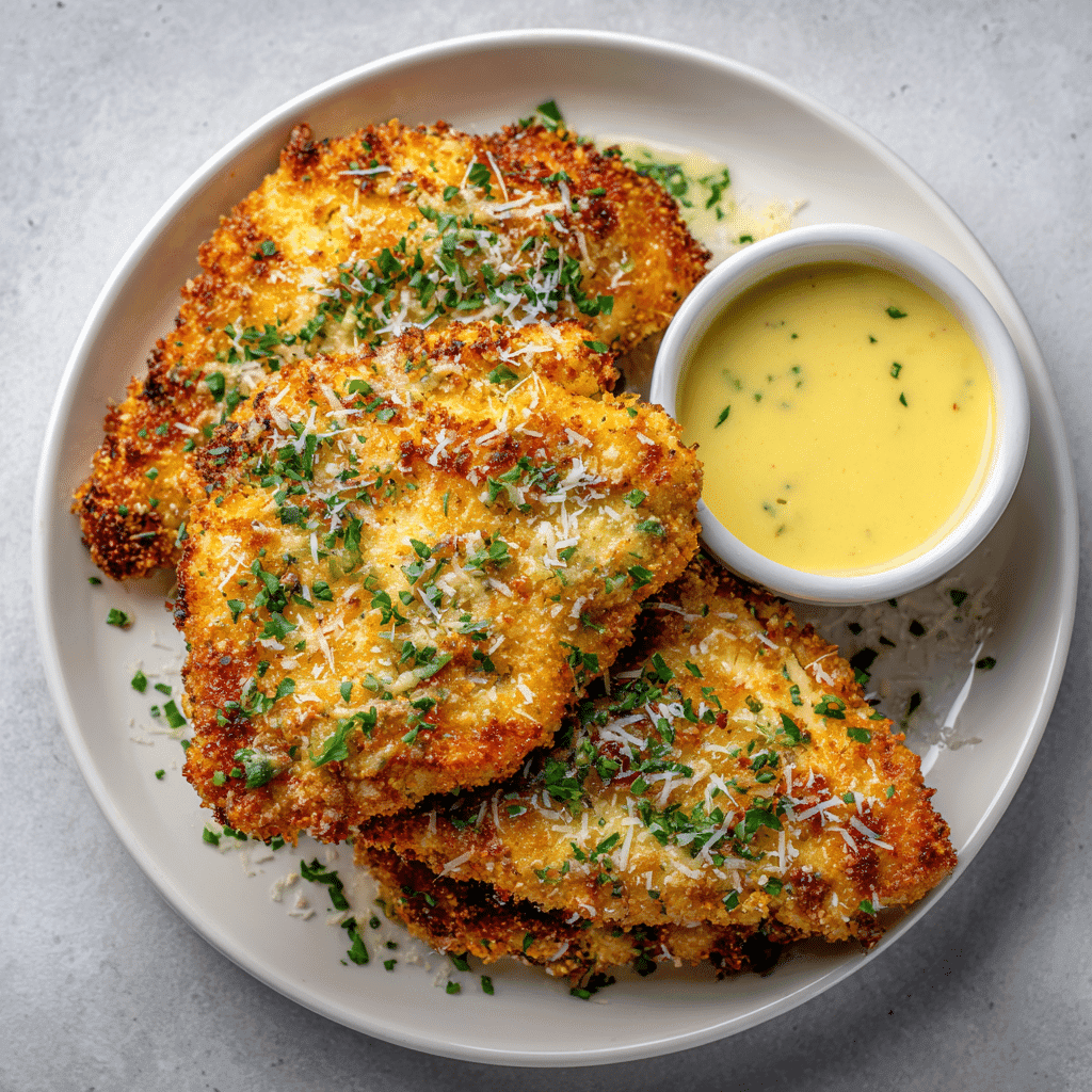 Air Fryer Parmesan Crusted Chicken - Crispy & so Delicious ! 1 Air fryer parmesan crusted chicken beautifully presented on a pristine white porcelain plate