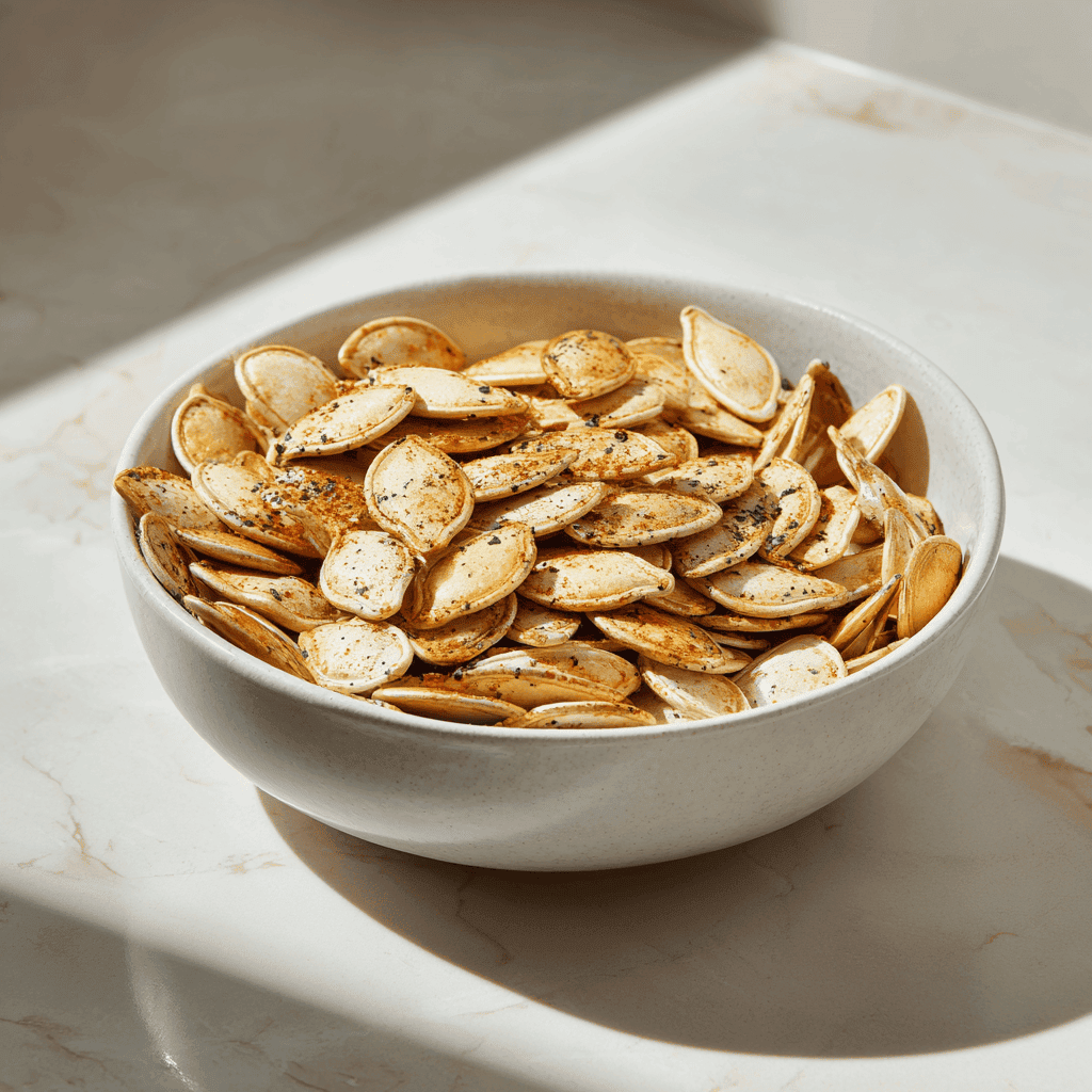 Air fryer pumpkin seeds beautifully arranged in a white ceramic bowl, lightly dusted with seasoning, placed on a marble countertop.