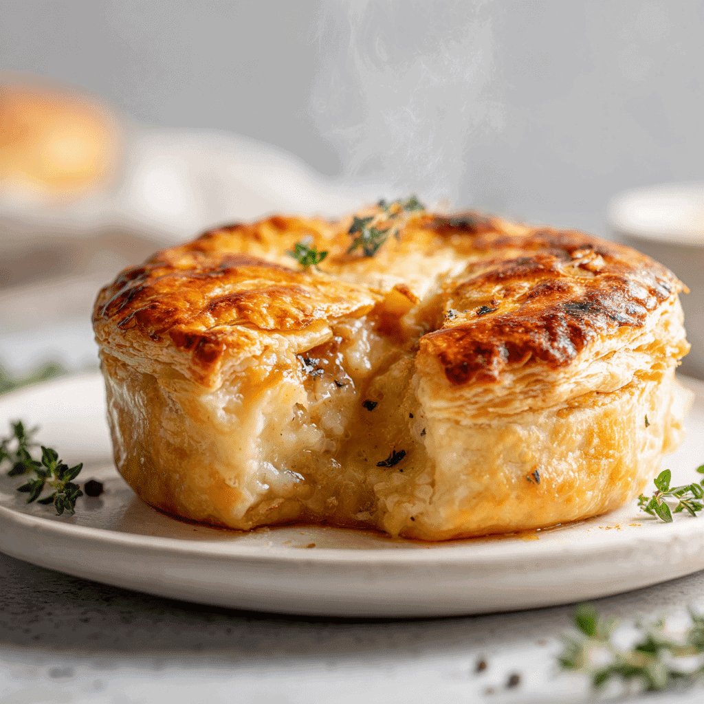 Beautifully baked air fryer pot pie served on a white porcelain plate