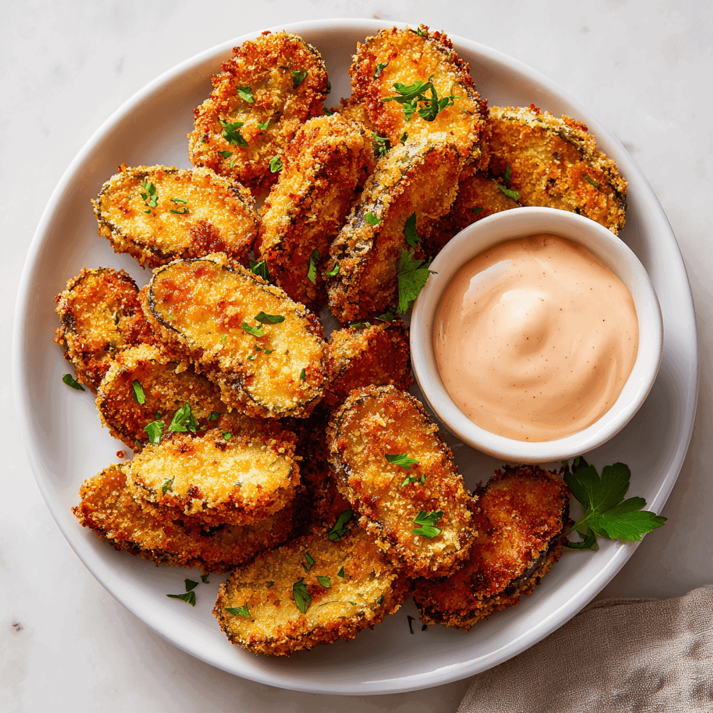 Crispy Air Fryer Fried Pickles: The Easy Homemade Recipe 2 Beautifully plated air fryer fried pickles arranged neatly on a clean white porcelain plate with a small bowl of pink dipping sauce