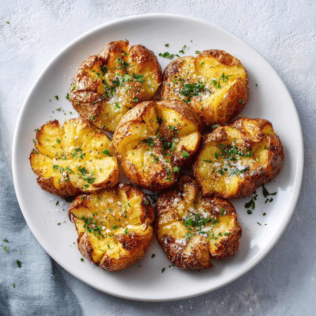 Beautifully plated air fryer smashed potatoes neatly arranged on a clean white porcelain plate, garnished with finely chopped herbs and coarse salt