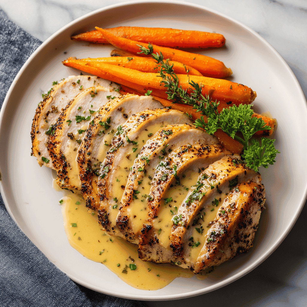 Beautifully plated air fryer turkey breast served on a clean white porcelain plate