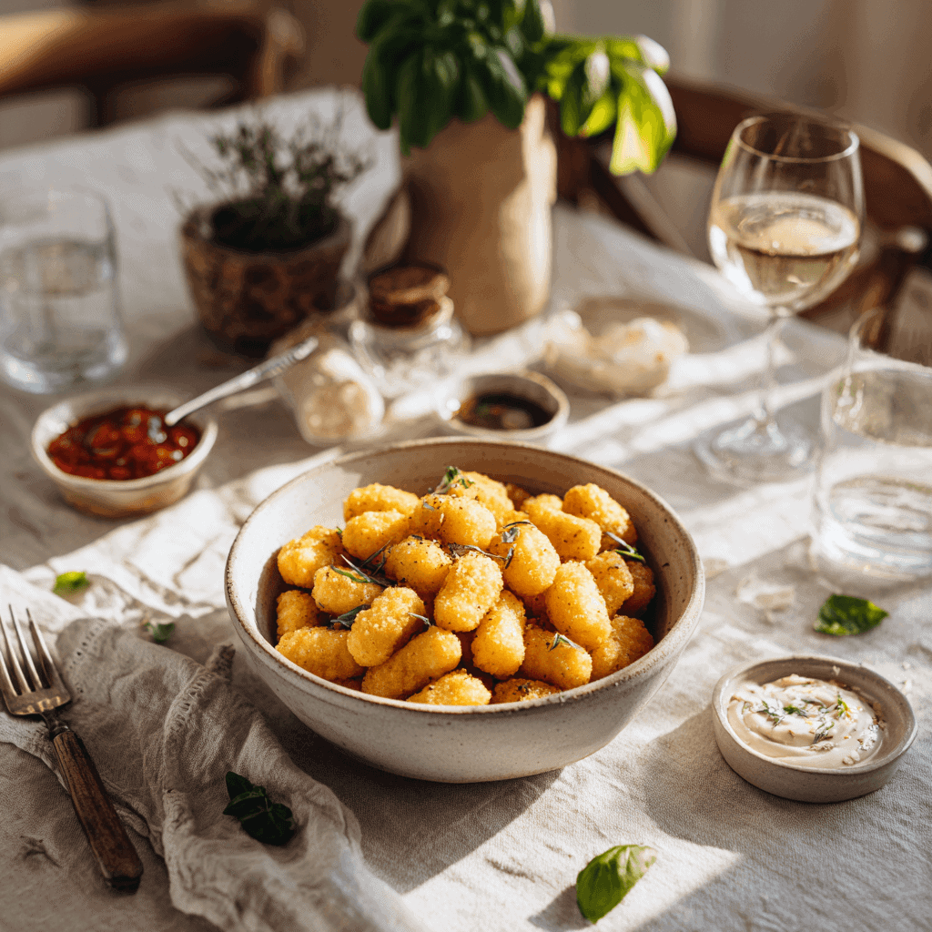 home setting with a bowl of golden air fryer gnocchi on a light linen tablecloth, surrounded by dipping sauces