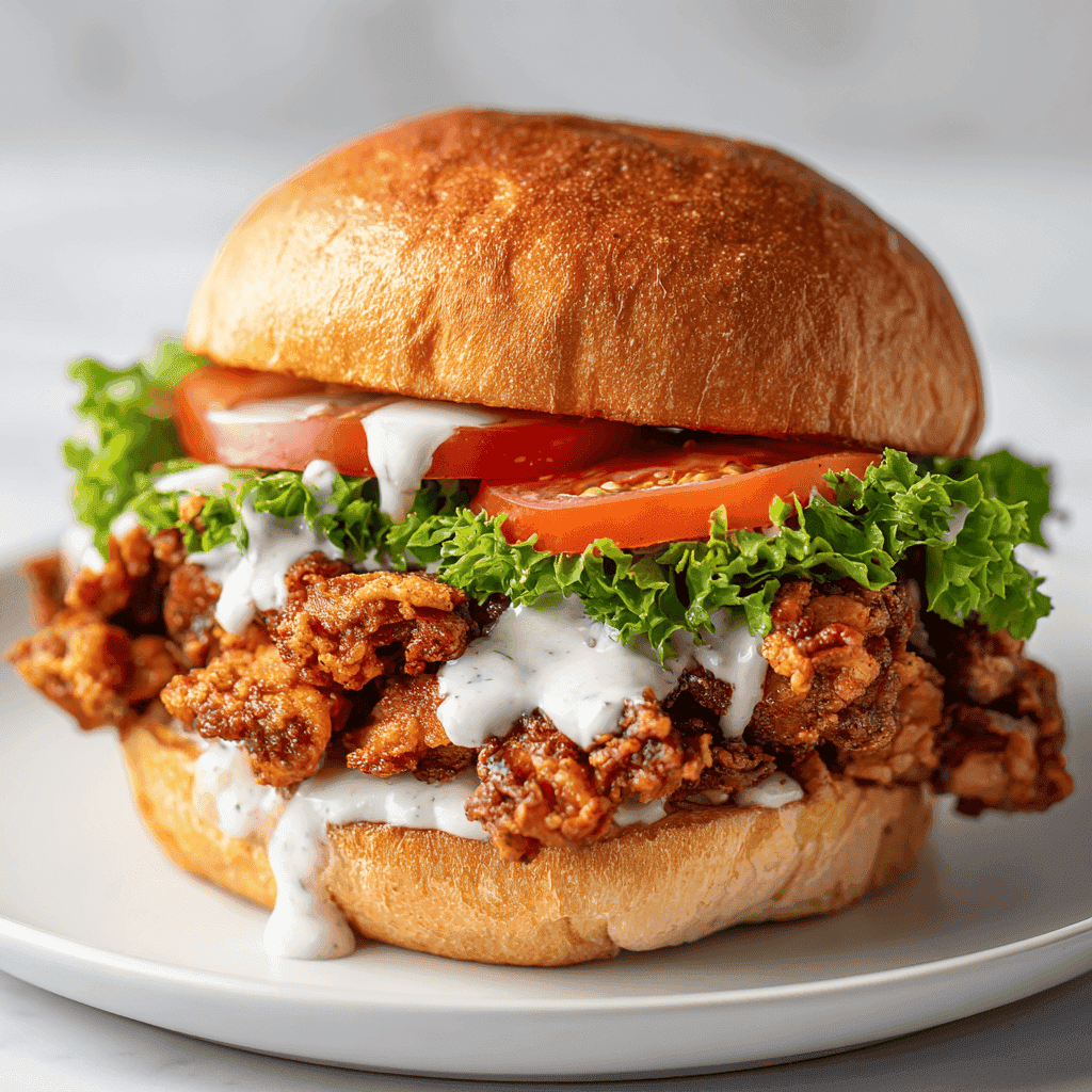 Crispy air fryer spicy chicken sandwich on a white plate with lettuce, tomato, and creamy sauce.