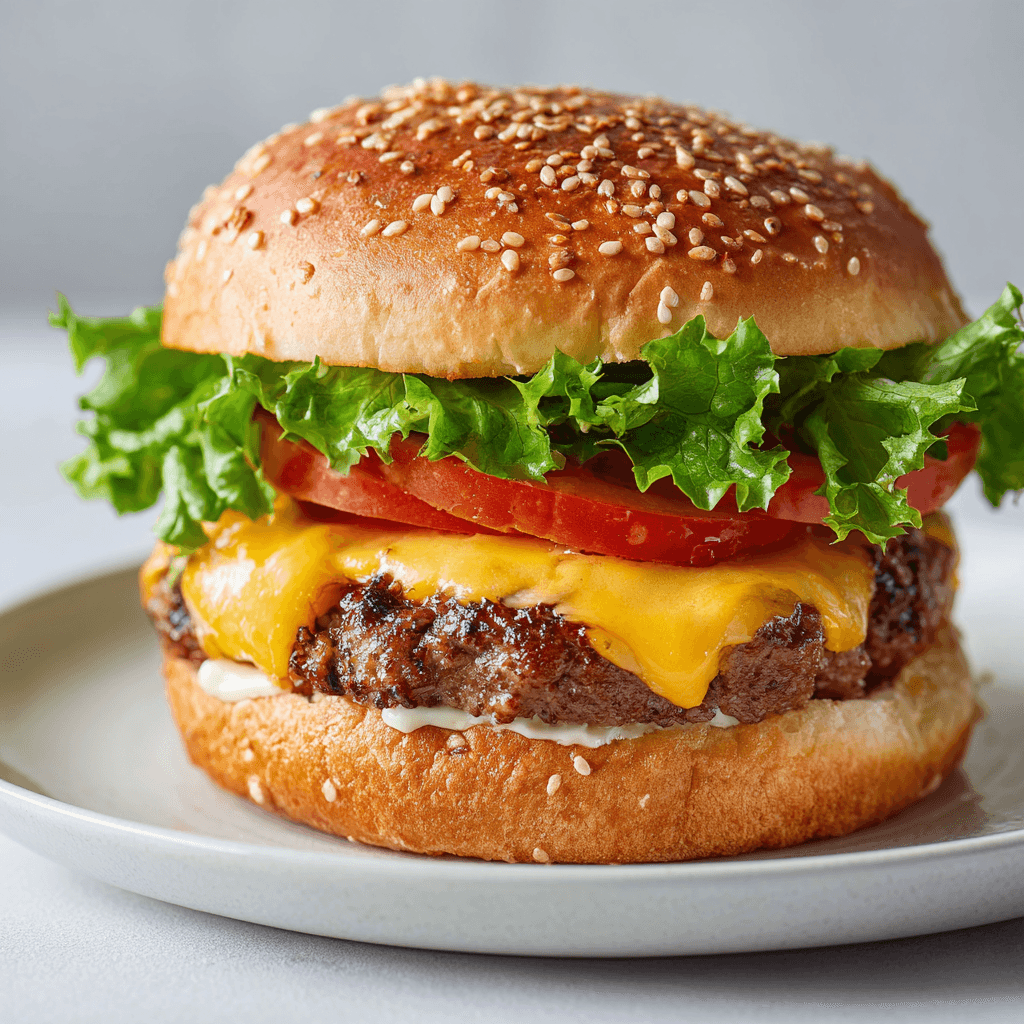Juicy air fryer hamburger on a white plate with sesame bun and fresh toppings.