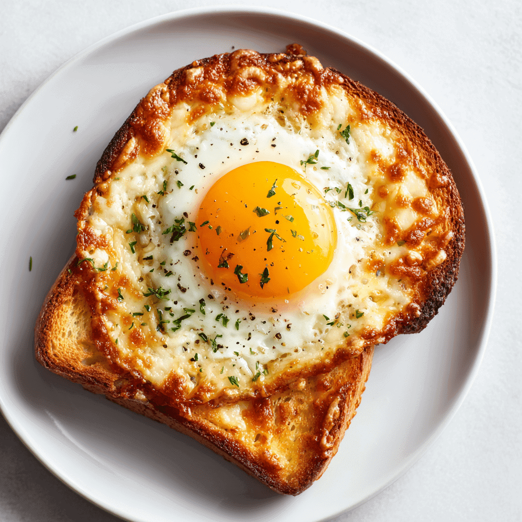 Air Fryer Egg & Cheese Toast: Your Crispy Breakfast in Minutes 1 Air fryer egg and cheese toast with golden bread and sunny-side-up egg on a white plate.