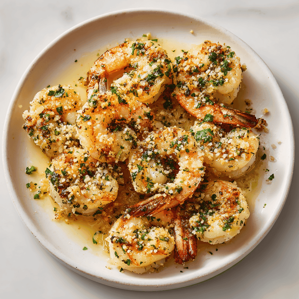 Garlic parmesan shrimp served on a white plate with herbs and buttery sauce.