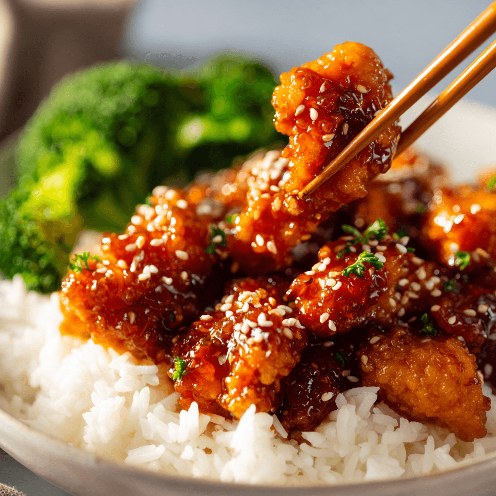 Close-up of air fryer orange chicken coated in glossy orange glaze and sprinkled with sesame seeds, served over a bed of steamed white rice with bright green broccoli florets