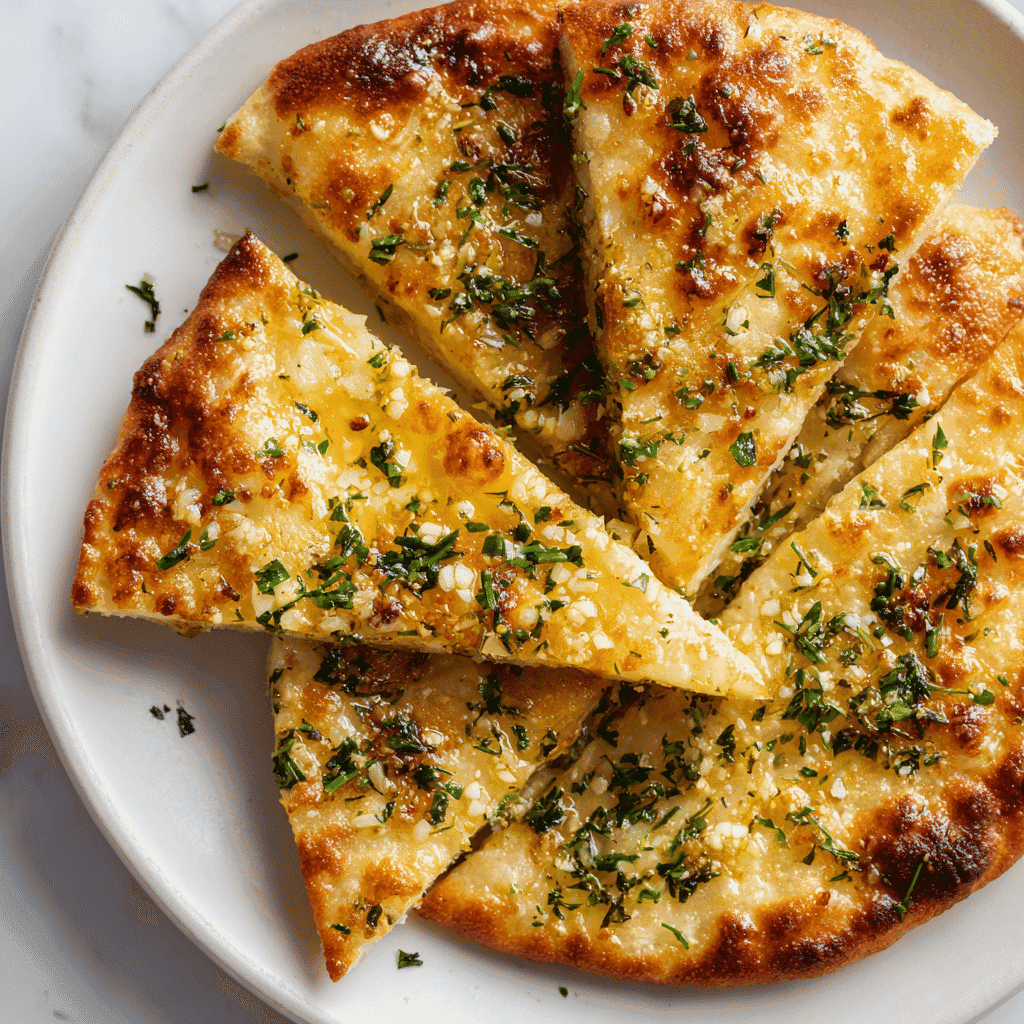 Golden air fryer garlic flatbread on a white plate topped with herbs and garlic butter.