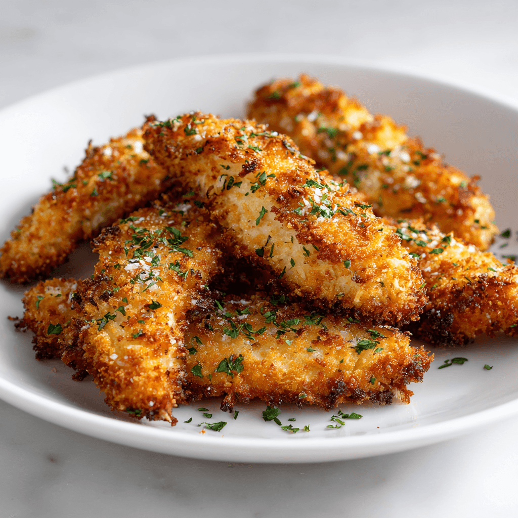 Golden breaded air fryer chicken tenders on a white plate with crispy coating.