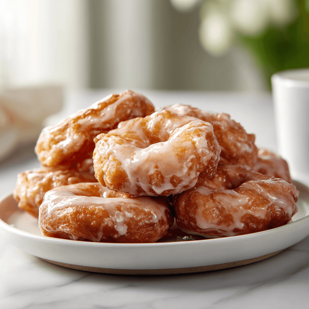 Freshly glazed apple fritters on a white plate with light icing drizzle.