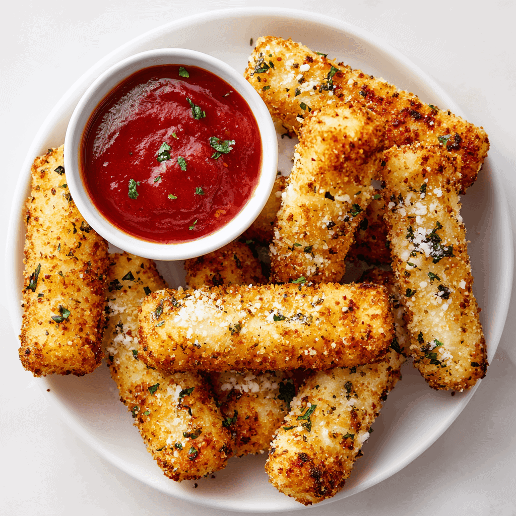 Air Fryer Mozzarella Sticks Recipe 1 Crispy air fryer mozzarella sticks on a white plate with marinara dipping sauce.