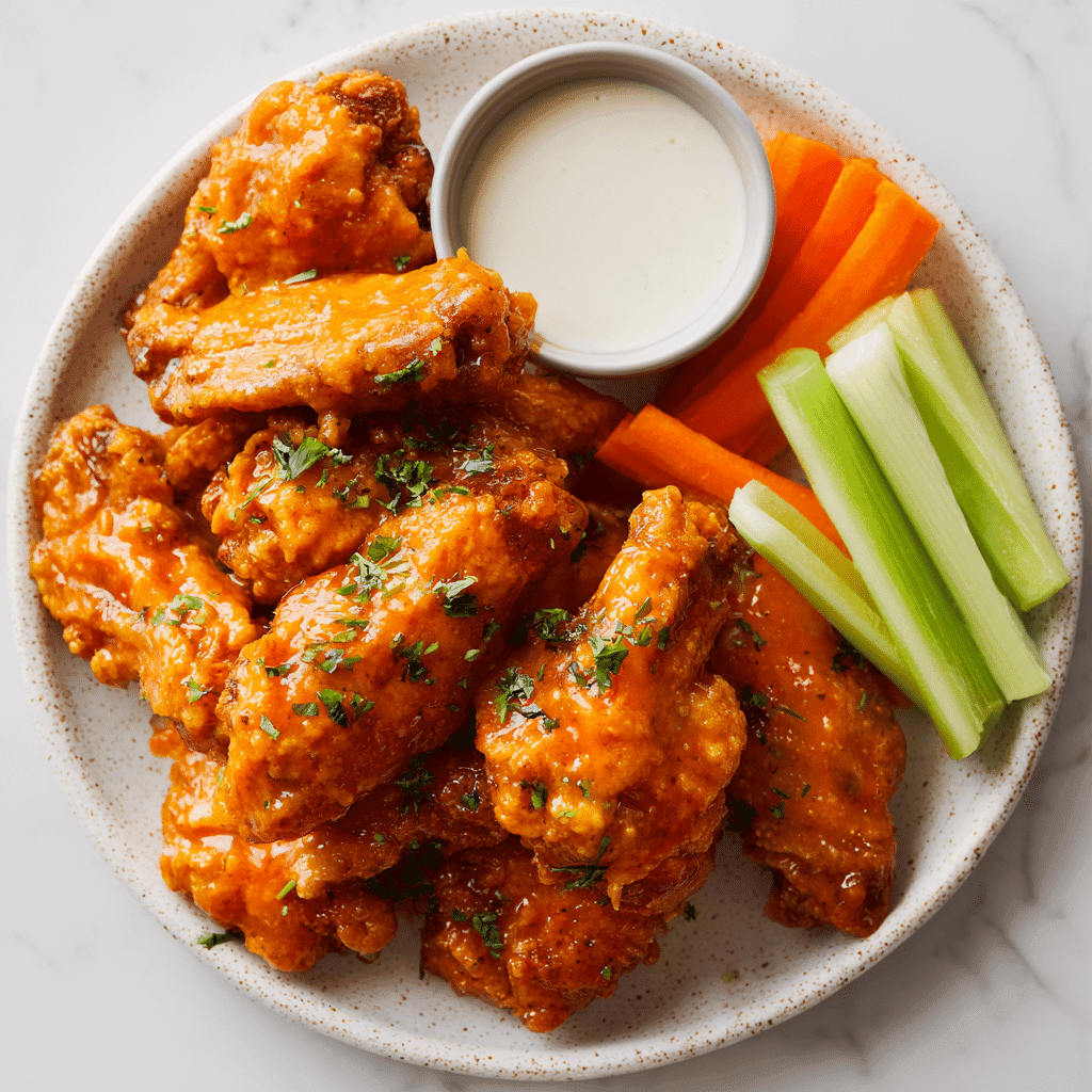 Crispyair fryer buffalo wings coated in glossy orange buffalo sauce, arranged on a speckled white ceramic plate with fresh celery and carrot sticks
