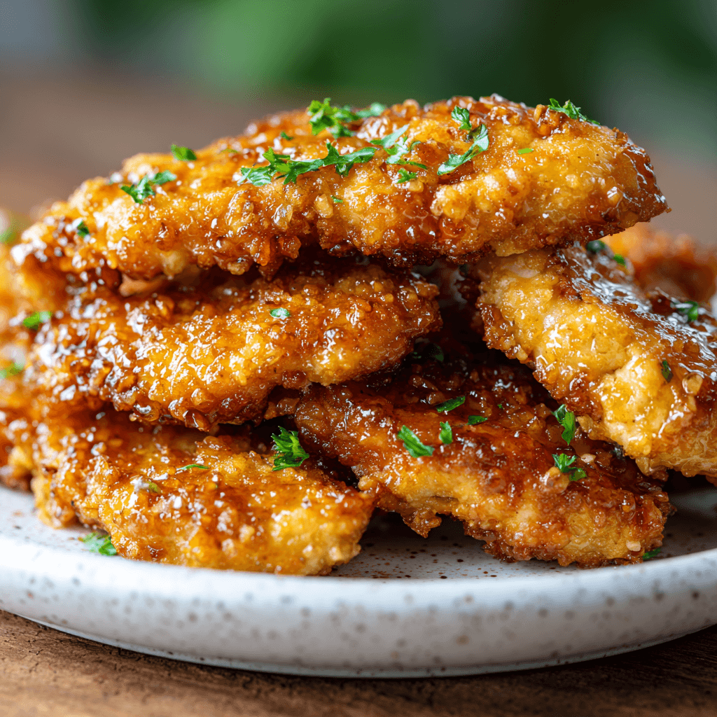 Crispy air fryer honey garlic chicken tenders glistening with golden honey glaze