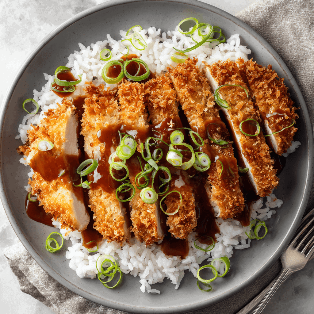 Crispy golden air fryer chicken katsu sliced into strips and served beside fluffy white rice, drizzled with thick katsu sauce and topped with fresh sliced green onions, arranged neatly on a ceramic gray plate.
