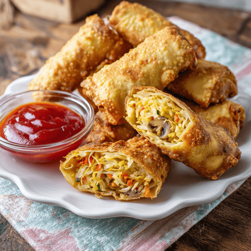 Crispy golden air fryer egg rolls filled with shredded cabbage, carrots, and mushrooms, arranged on a scalloped white plate with a small glass bowl of bright red sweet and sour dipping sauce