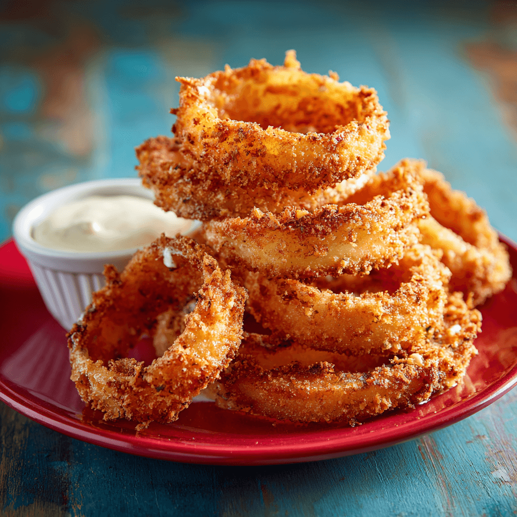Crispy Air Fryer Onion Rings Recipe 1 Crispy golden air fryer onion rings stacked casually on a vibrant red plate with a small white ramekin of creamy dipping sauce in the center