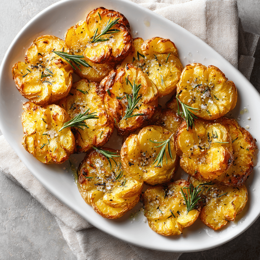 Crispy golden air fryer smashed potatoes on an oval white platter, sprinkled with sea salt, black pepper, and fresh rosemary sprigs,