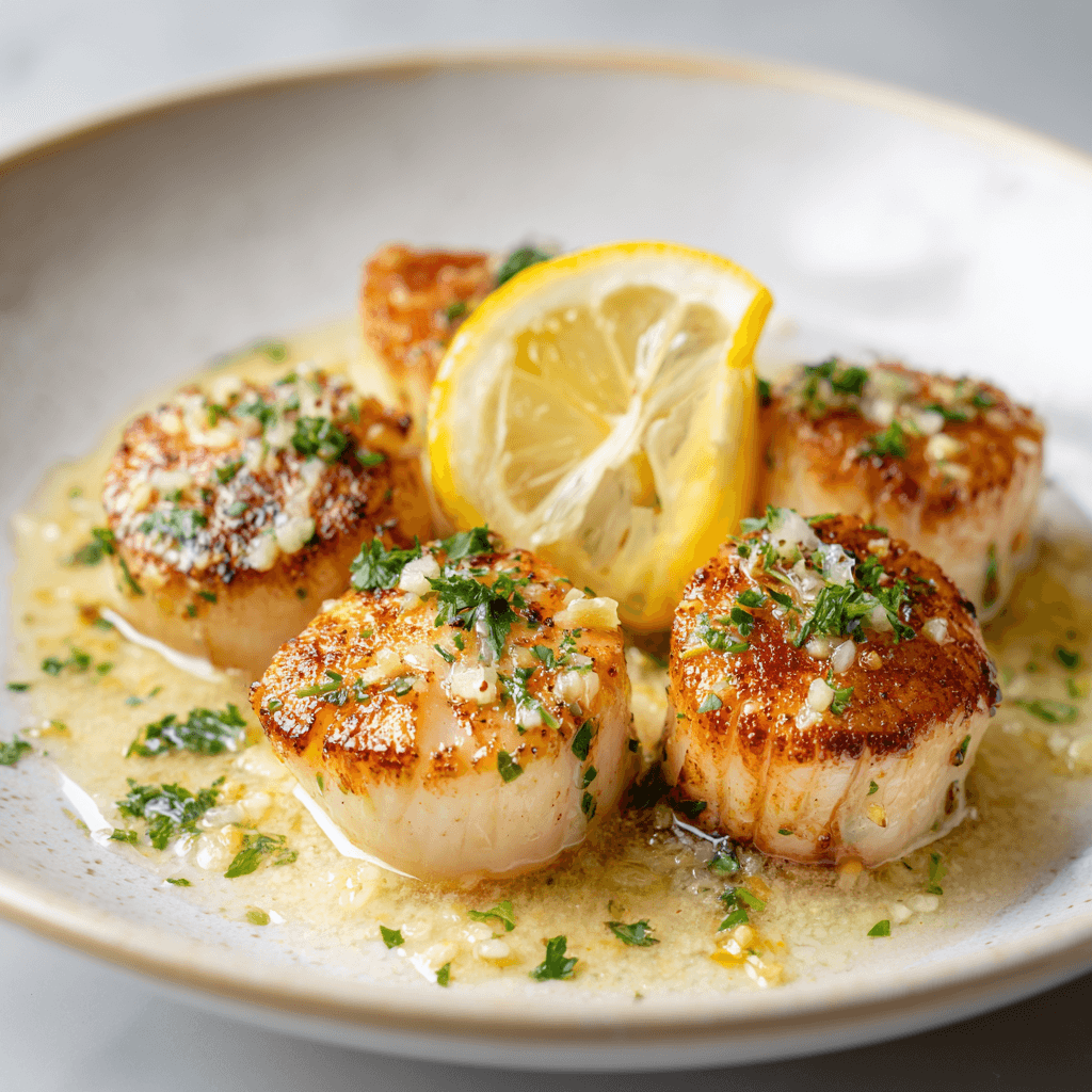 Elegant plating of air fryer scallops on a white ceramic plate, drizzled with garlic butter sauce and garnished with a lemon slice and finely chopped parsley