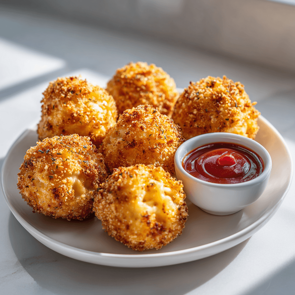 air fryer mac and cheese balls neatly arranged on a clean white porcelain plate with a small bowl of rich red dipping sauce