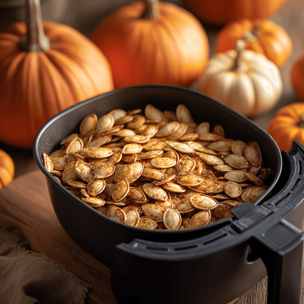 Freshly roasted pumpkin seeds inside a black air fryer basket, golden-brown and lightly seasoned, surrounded by whole pumpkins in the background