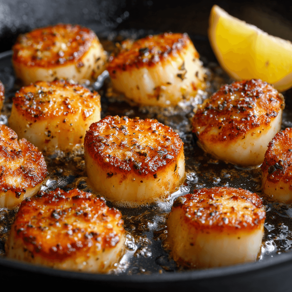 Golden-brown air fryer scallops with a perfectly seared crust, glistening with butter and pepper seasoning, arranged in a black skillet with sizzling juices and a fresh lemon wedge on the side