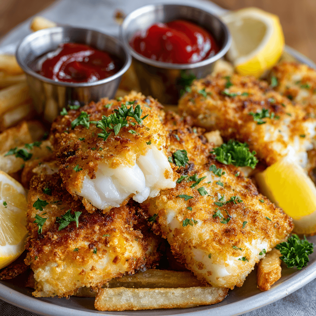 Golden, crispy air fryer fish fillets with flaky white interior served over a bed of crunchy fries, garnished with fresh parsley and lemon wedges, alongside small metal cups of ketchup and tartar sauce