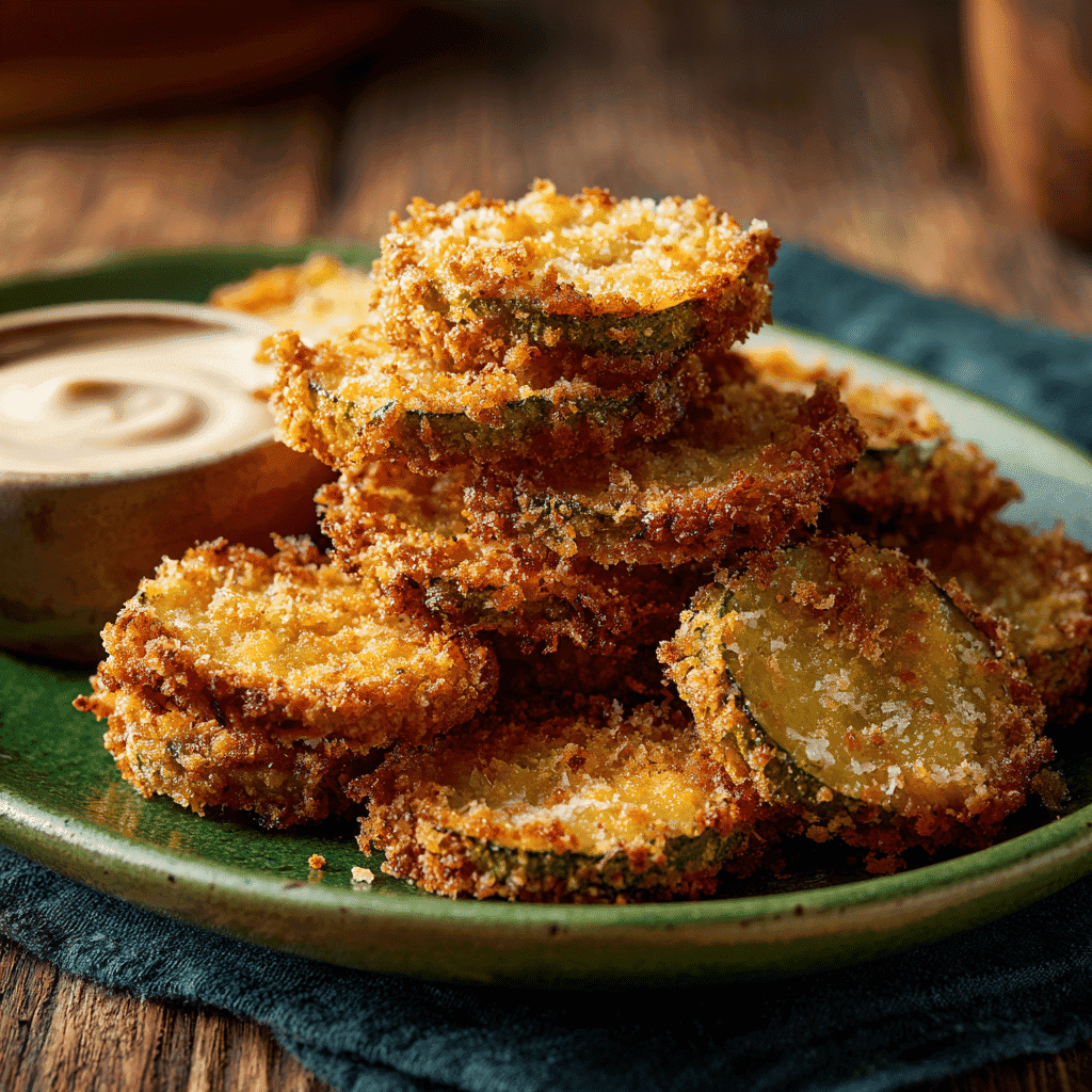 Crispy Air Fryer Fried Pickles: The Easy Homemade Recipe 1 Golden, crispy air fryer fried pickles stacked casually on a green ceramic platter beside a small bowl of creamy dipping sauce