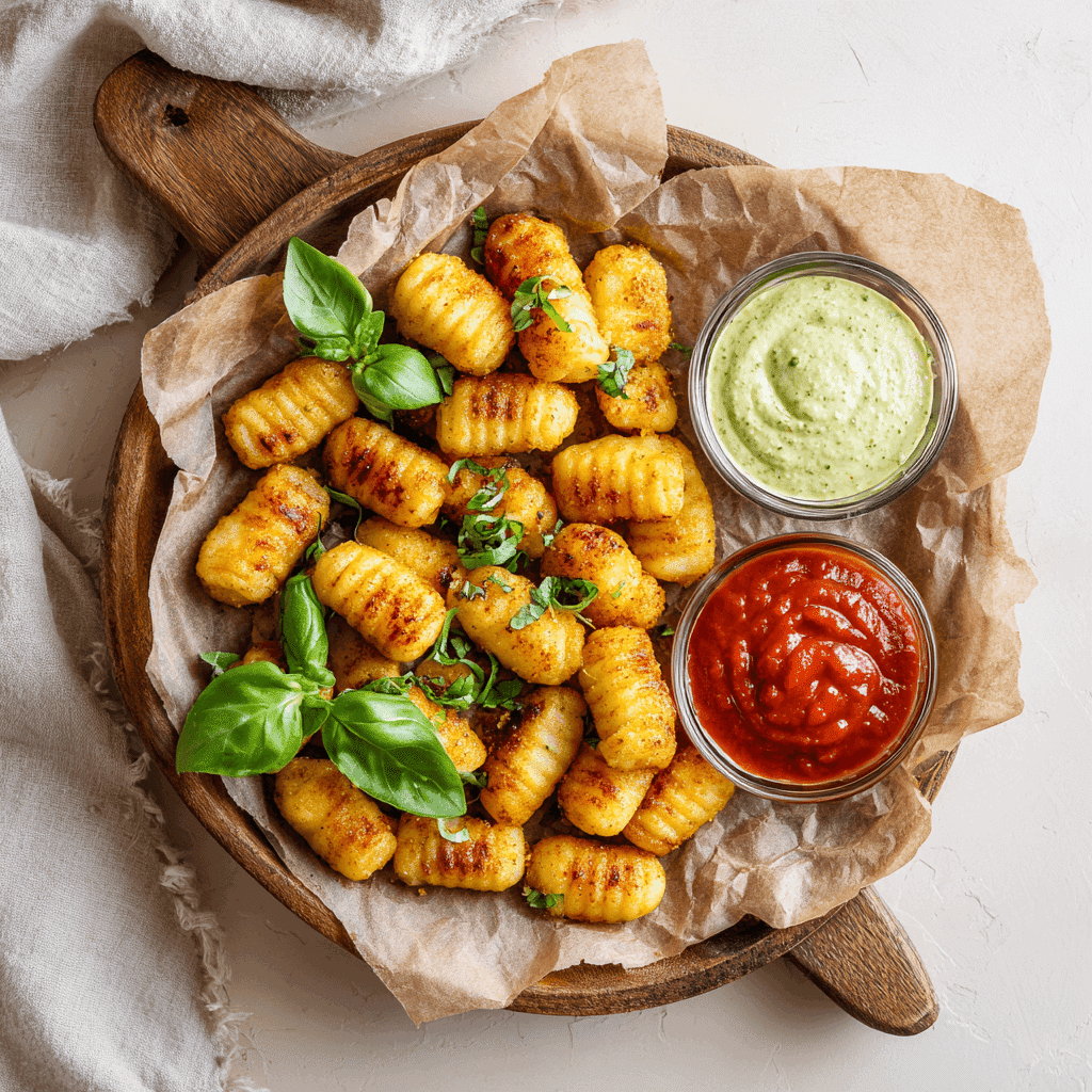 crispy air fryer gnocchi arranged on parchment paper over a wooden serving board, accompanied by two small glass bowls of dipping sauces