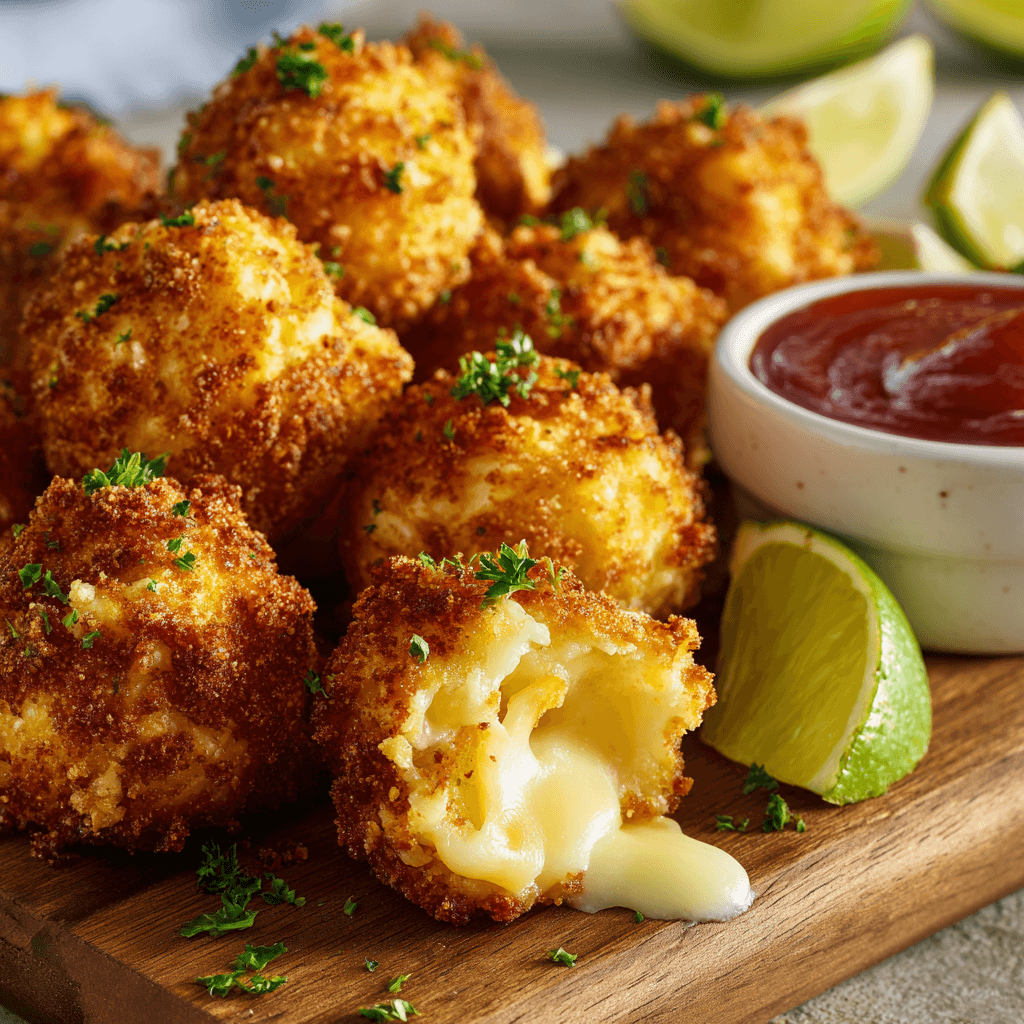 Golden, crispy air fryer mac and cheese balls on a wooden serving board beside fresh lime wedges and a small white ceramic bowl of creamy red dipping sauce